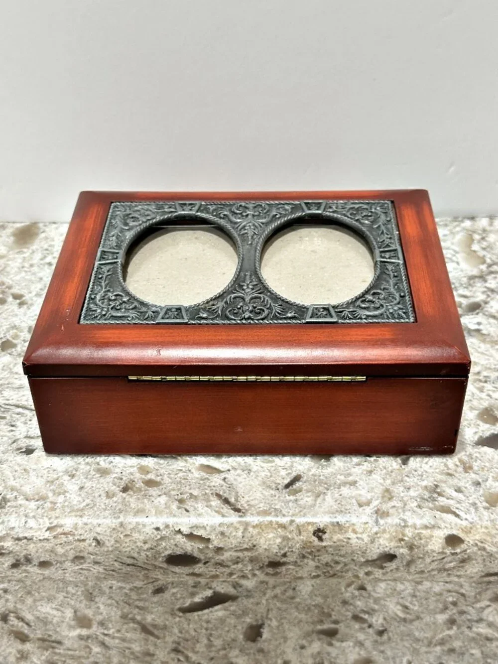 Wood Jewelry Keepsake Box with Ornate Pewter Double Oval Photo Frame Lid Vintage